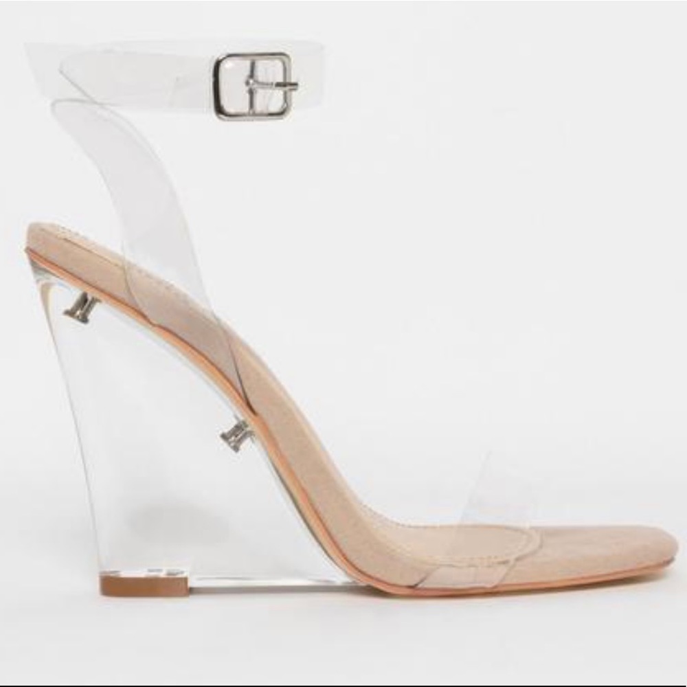 Shae Nude Suede Clear Wedge Heels